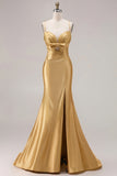 Fuchsia Mermaid Cut Out Satin Pleated Bowed Long Prom Dress with Slit
