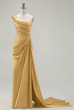 Green One Shoulder Ruched Sheath Long Prom Dress with Slit