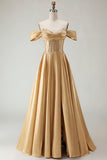 Off The Shoulder A Line Beaded Satin Purple Long Prom Dress with Slit