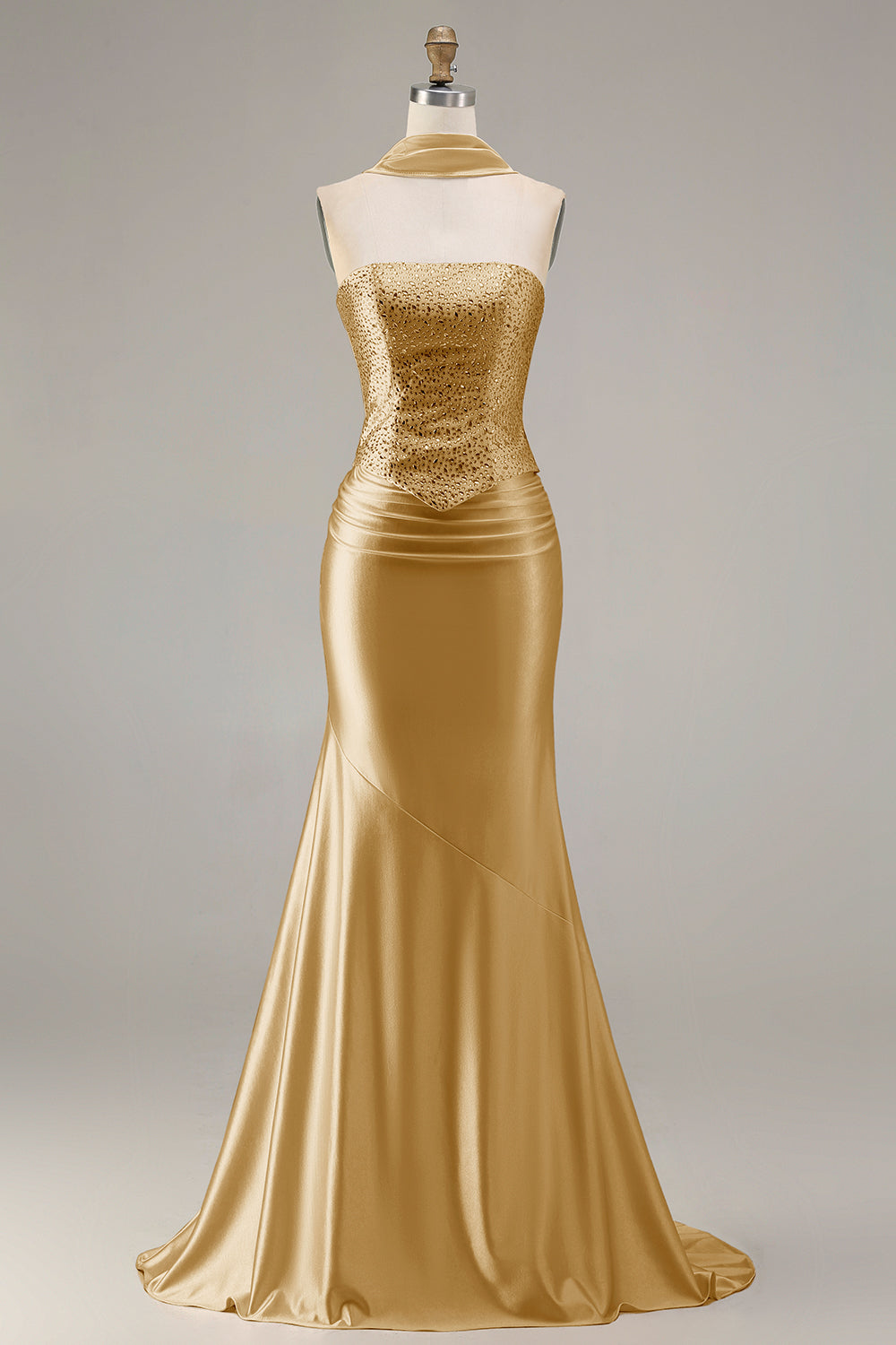 ZAPAKA Women Champagne Strapless Long Prom Dress Mermaid Two Piece Beaded Evening Party Dress with a Neck Scarf, Golden / US26W ZAPAKA Women Champagne Strapless Long Prom Dress Mermaid Two Piece Beaded Evening Party Dress with a Neck Scarf, Golden / US26W