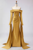 Dark Green Off The Shoulder Ruched Satin Mermaid Long Prom Dress with Long Sleeves