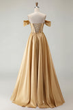 Off The Shoulder A Line Beaded Satin Purple Long Prom Dress with Slit