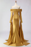 Dark Green Off The Shoulder Ruched Satin Mermaid Long Prom Dress with Long Sleeves