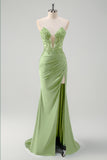 Sparkly Green Mermaid Strapless Corset Long Prom Dress with Slit