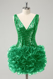 Glitter Dark Green V Neck Sequins Homecoming Dress with Detachable Ruffles