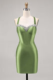 Dark Green Corset Backless Satin Bodycon Homecoming Dress