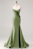 Royal Blue Strapless Mermaid 3D Flowers Beaded Long Prom Dress with Slit