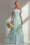 Green A Line Chiffon Off the Shoulder Printed Floral Long Bridesmaid Dress with Ruffles