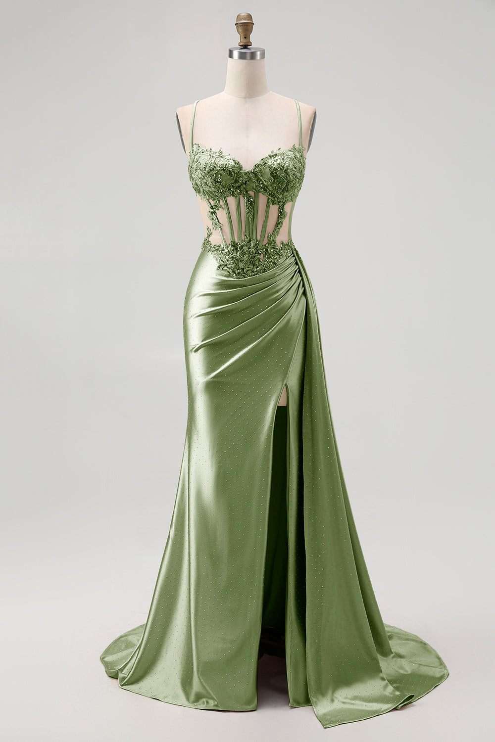 ZAPAKA Women Champagne Mermaid Long Prom Dress with Slit Spaghetti Straps Sheer Corset Satin Beaded Formal Dress with Side Streamer, Green / US10