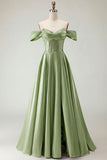 Off The Shoulder A Line Beaded Satin Purple Long Prom Dress with Slit