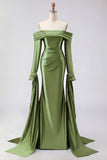 Dark Green Off The Shoulder Ruched Satin Mermaid Long Prom Dress with Long Sleeves