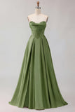 Golden Strapless Satin A-Line Corset Long Prom Dress