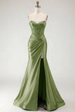 Sweetheart Burgundy Mermaid Beaded Corset Plus Size Long Prom Dress with Slit