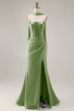 Light Green Strapless Mermaid Corset Side Slit Maxi Dress with a Neck Scarf