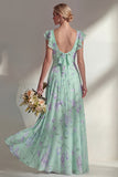 A Line Blue Chiffon Printed Floral Long Bridesmaid Dress with Ruffles