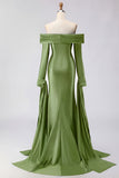 Dark Green Off The Shoulder Ruched Satin Mermaid Long Prom Dress with Long Sleeves