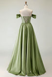 Off The Shoulder A Line Beaded Satin Purple Long Prom Dress with Slit