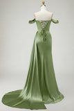 Golden Mermaid Off the Shoulder Beaded Pleated Satin Long Prom Dress with Slit