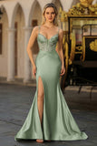 Dusty Blue Mermaid Beaded Corset Sequin Long Prom Dress with Slit