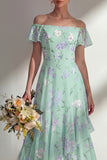 Green A Line Chiffon Off the Shoulder Printed Floral Long Bridesmaid Dress with Ruffles