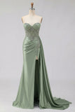 Sweetheart Mermaid Beaded Mint Green Long Prom Dress with Slit