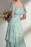 Green A Line Chiffon Off the Shoulder Printed Floral Long Bridesmaid Dress with Ruffles