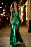 Red Halter Metallic Ruched Formal Dress Wth Slit