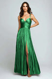 Sliver A Line Metallic Pleated Formal Dress With Slit