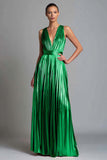 Gold A-Line V-Neck Metallic Long Formal Dress