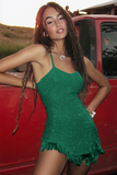 Sparkly Sequins White Spaghetti Straps Tassel Graduation Dress