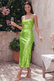 Sparkly Gold Bodycon Spaghetti Straps Midi Dress with Sequins