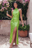 Sparkly Gold Bodycon Halter Neck Maxi Sequin Dress with Slit