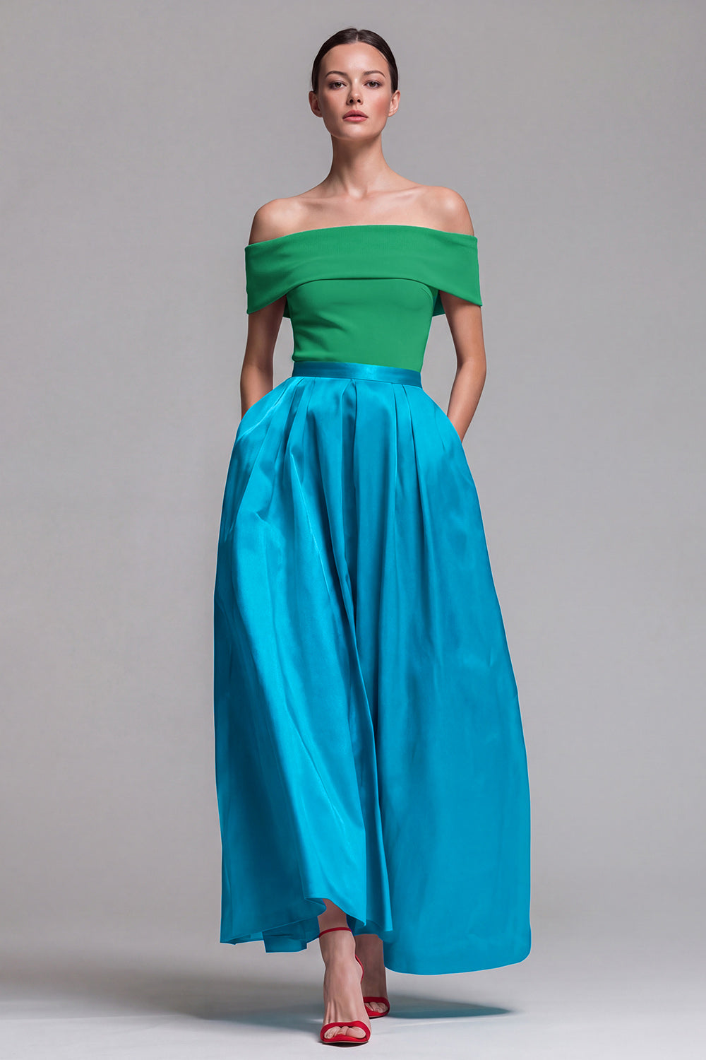 Zapaka Women Fuchsia and Red Off the Shoulder Formal Dress A Line Color Block Midi Party Dress, Green and Blue / US22W Zapaka Women Fuchsia and Red Off the Shoulder Formal Dress A Line Color Block Midi Party Dress, Green and Blue / US22W