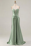 Strapless Mermaid Dark Green Corset Long Prom Dress with Sash