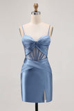 Royal Blue Sheer Corset Pleated Tight Homecoming Dress with Slit