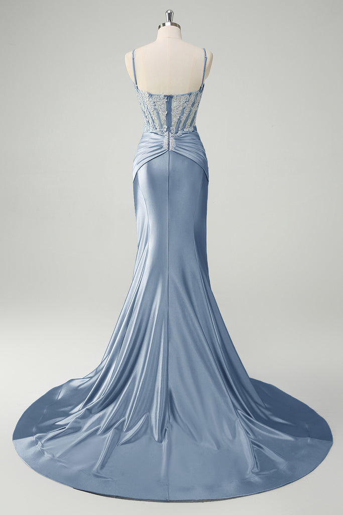 Pretty Spaghetti Straps Ombre Chiffon Pleated Appliques Mermaid Evening Dress Prom Gown SP563
