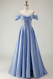 Off The Shoulder A Line Beaded Satin Purple Long Prom Dress with Slit