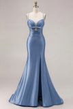 Fuchsia Mermaid Cut Out Satin Pleated Bowed Long Prom Dress with Slit
