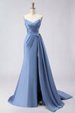 Royal Blue Strapless Mermaid Beaded Long Satin Prom Dress with Slit
