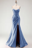 Sweetheart Burgundy Mermaid Beaded Corset Plus Size Long Prom Dress with Slit