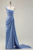 Green One Shoulder Ruched Sheath Long Prom Dress with Slit
