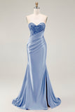 Strapless Beaded Mermaid Red Long Prom Dress with Slit