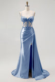 Corset Champagne Mermaid Beaded Long Prom Dress