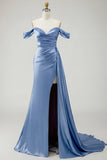Golden Mermaid Off the Shoulder Beaded Pleated Satin Long Prom Dress with Slit