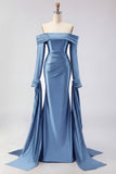 Dark Green Off The Shoulder Ruched Satin Mermaid Long Prom Dress with Long Sleeves