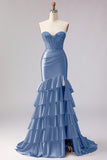 Red Mermaid Sweetheart Beaded Corset Ruffled Long Prom Dress with Slit
