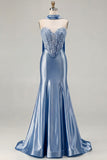 Blue Mermaid Corset Sweetheart Two Piece Long Satin Prom Dress with a Neck Scarf