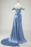 Golden Mermaid Off the Shoulder Beaded Pleated Satin Long Prom Dress with Slit