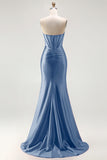 Red Strapless Mermaid Corset Beaded Ruched Satin Long Prom Dress with Slit