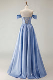 Off The Shoulder A Line Beaded Satin Purple Long Prom Dress with Slit